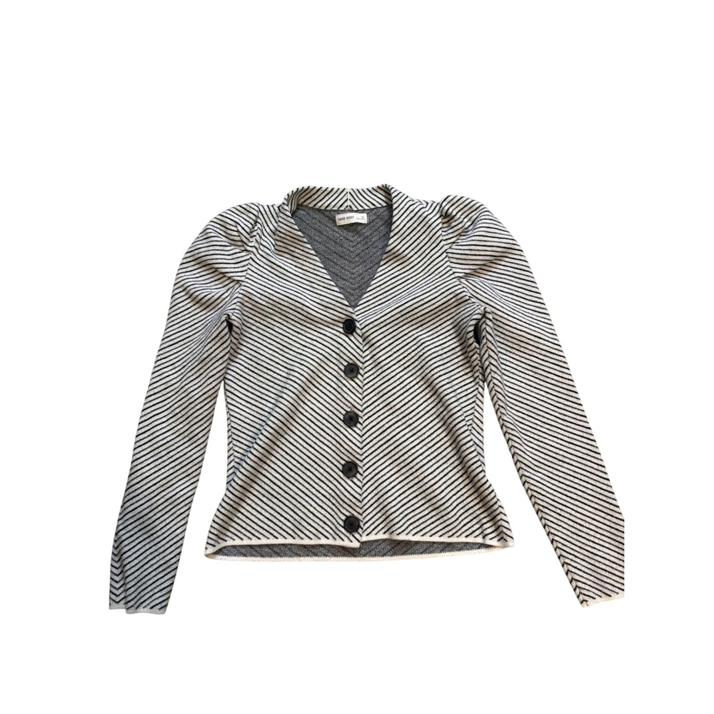 Nine West XS Striped Puff Sleeve Jacket Black Ivory Button Front Cardigan